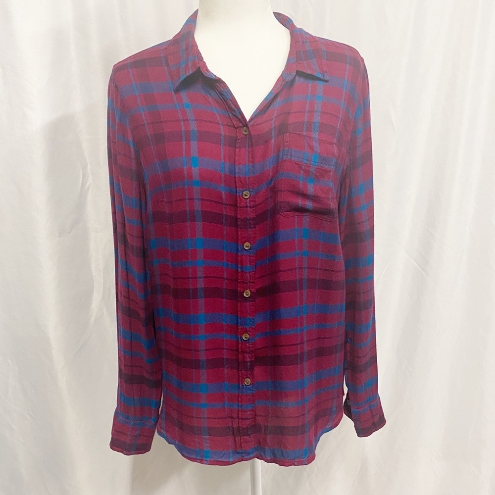 Lucky Brand Maroon & Blue Plaid Flannel Button Down Shirt
